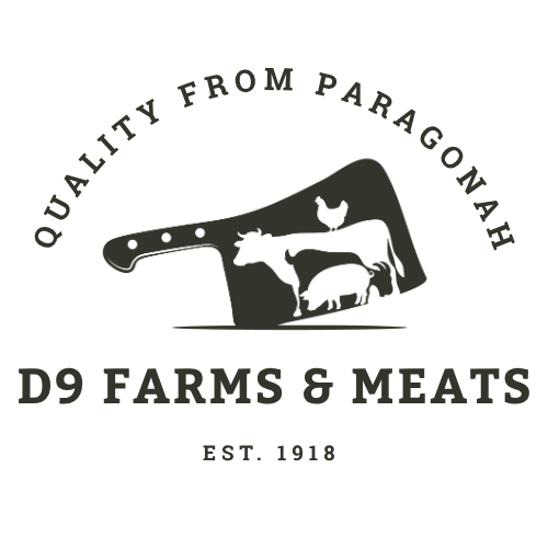 Logo of D9 Farms & Meats with a cleaver and animal silhouettes on a white background.