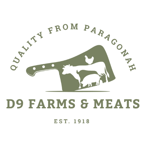 Logo of D9 Farms & Meats with a cleaver and animal silhouettes on a white background