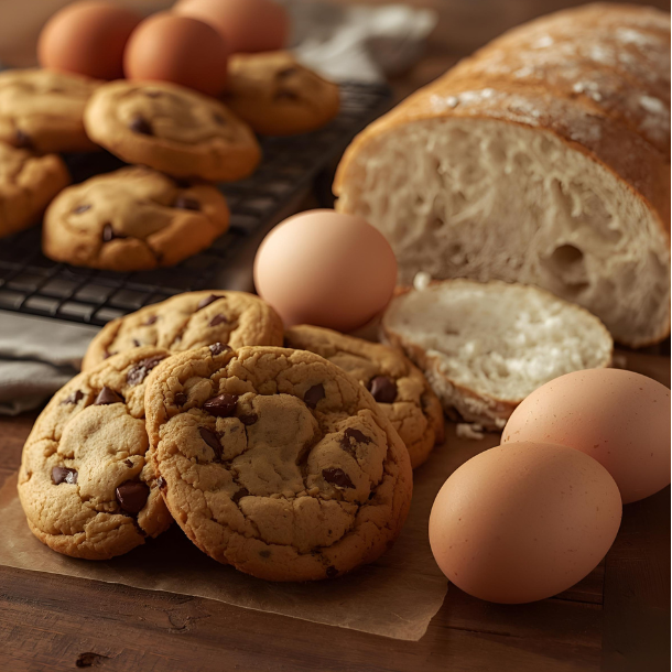 Cookies, bread, and eggs on a wooden surface
